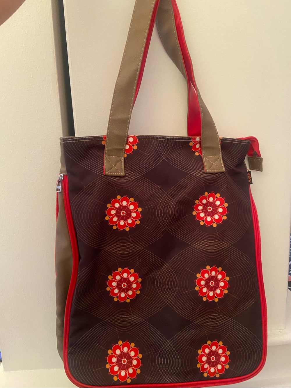 Brown Floral Pattern Tote Bag with Red Accents